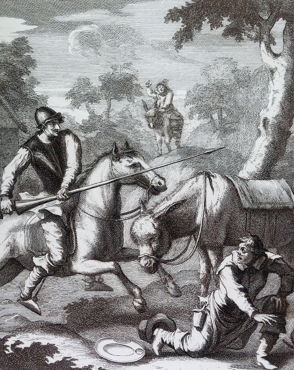 Don Quijote ergreift das Becken des Barbiers für Mambrinos Helm von William Hogarth