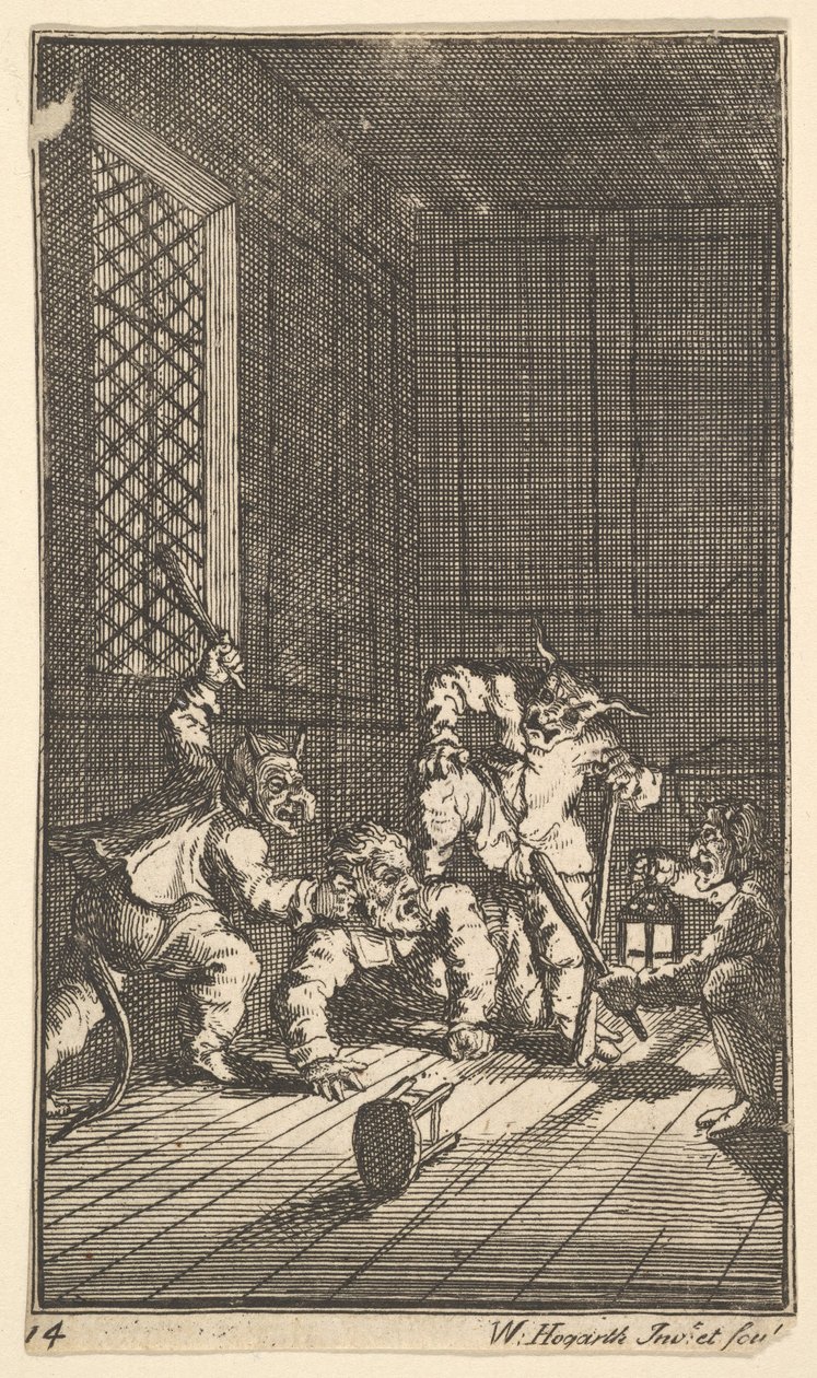 Hudibras wird verhört, siebzehn kleine Illustrationen für Samuel Butlers Hudibras, Nr. 14, 1721-26 von William Hogarth