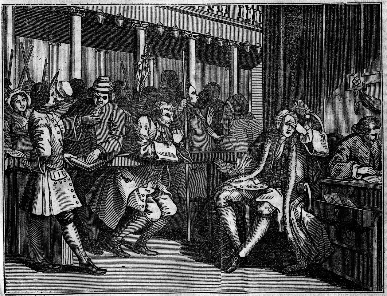 Tafel aus einer Serie von 12 Gravuren von William Hogarth (1697-1764), britischer Illustrator, betitelt „Industry and Idleness“, „Eifer und Faulheit“, erzählt die Karrieren von zwei Lehrlingen: Thomas Idle, schuldig seiner Laster, wurde von Goodchild, der  von William Hogarth