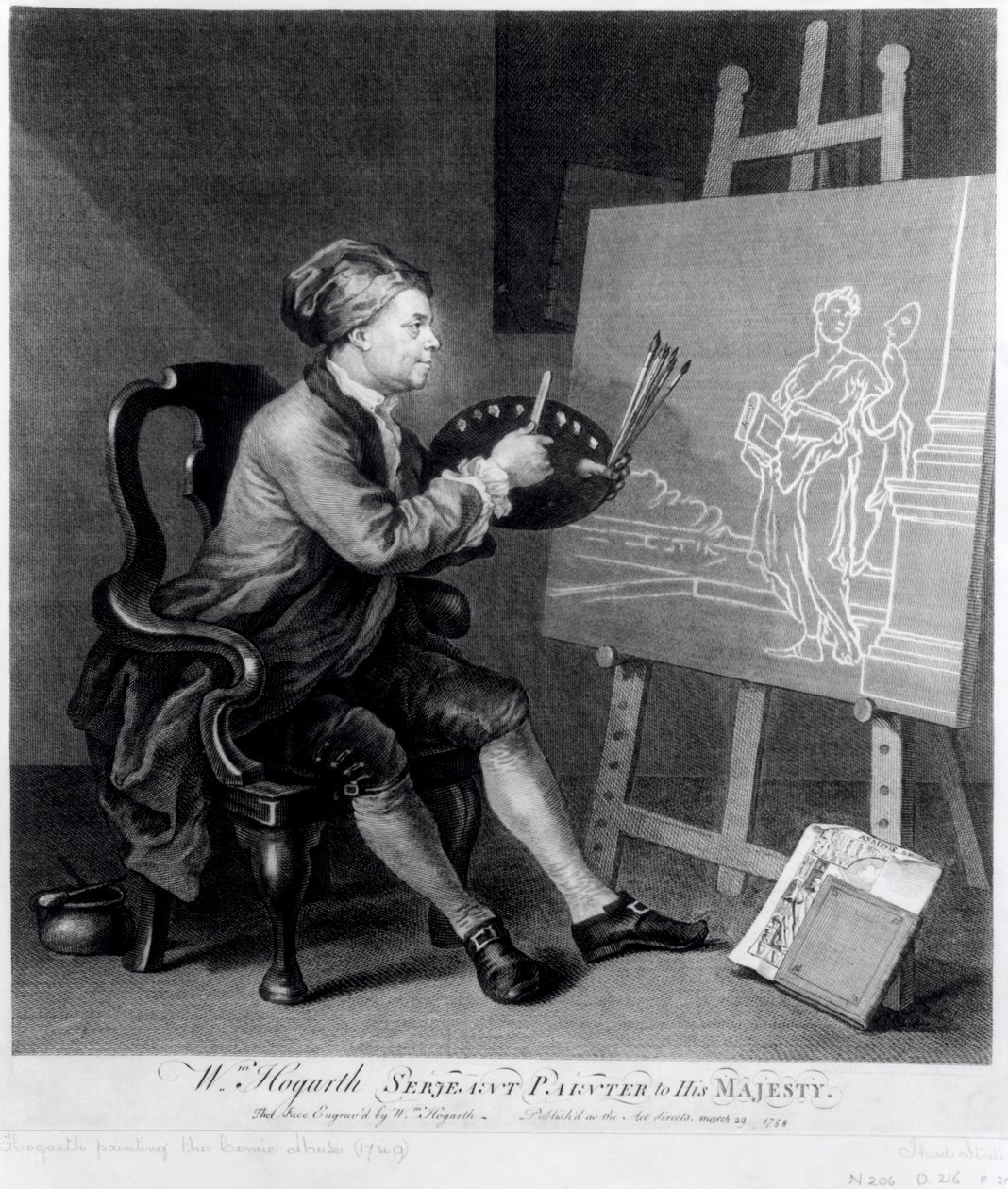 Selbstporträt, die komische Muse malend, graviert vom Künstler, veröffentlicht 1758 von William Hogarth