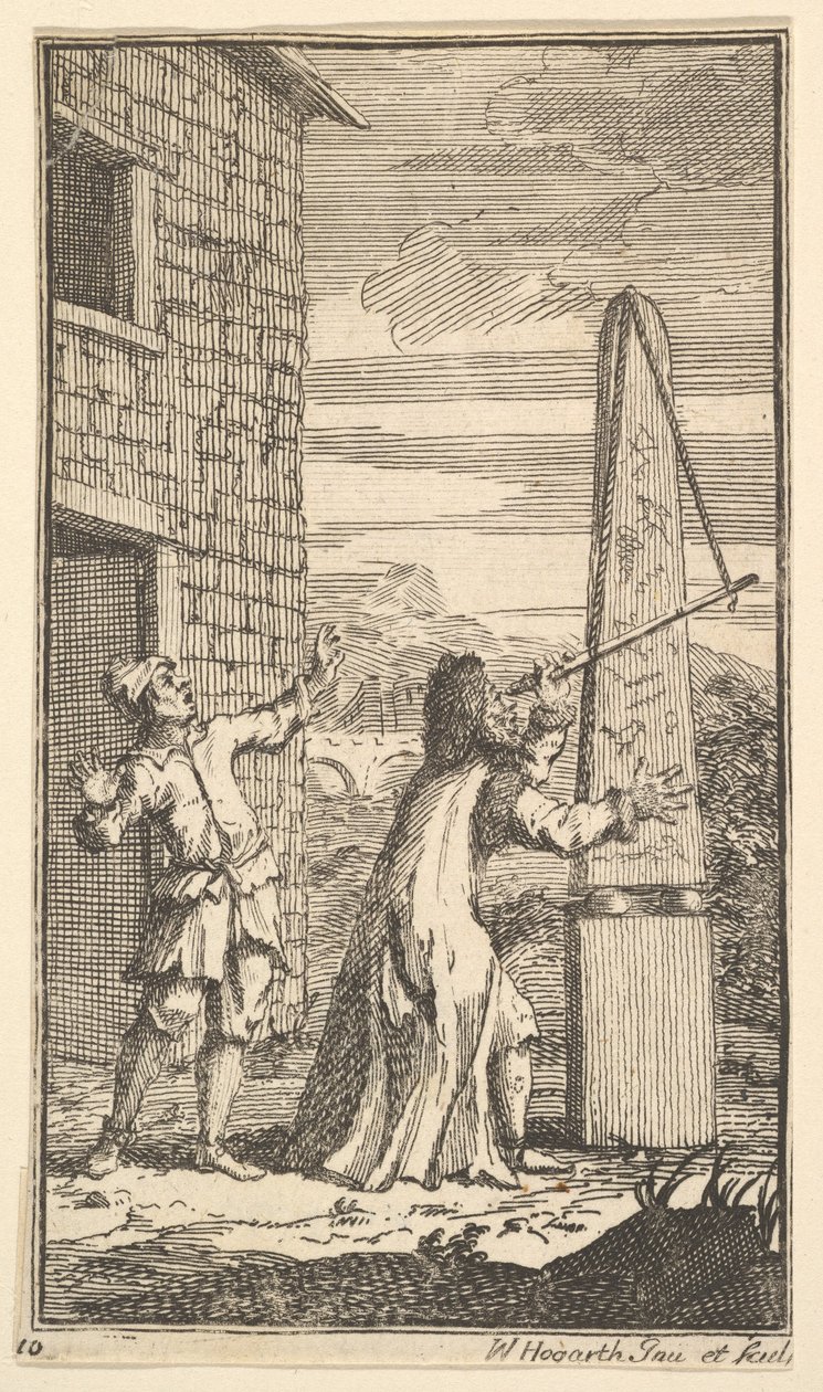 Sidrophel untersucht den Drachen durch sein Teleskop, Siebzehn kleine Illustrationen für S..., 1721-26 von William Hogarth