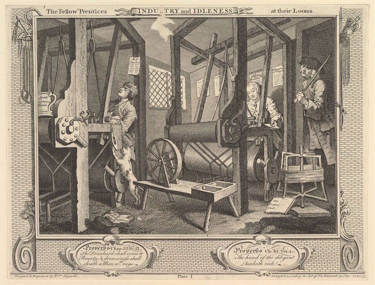Die fleißigen Lehrlinge an ihren Webstühlen: Fleiß und Faulheit, Platte 1, 30. September 1747 von William Hogarth