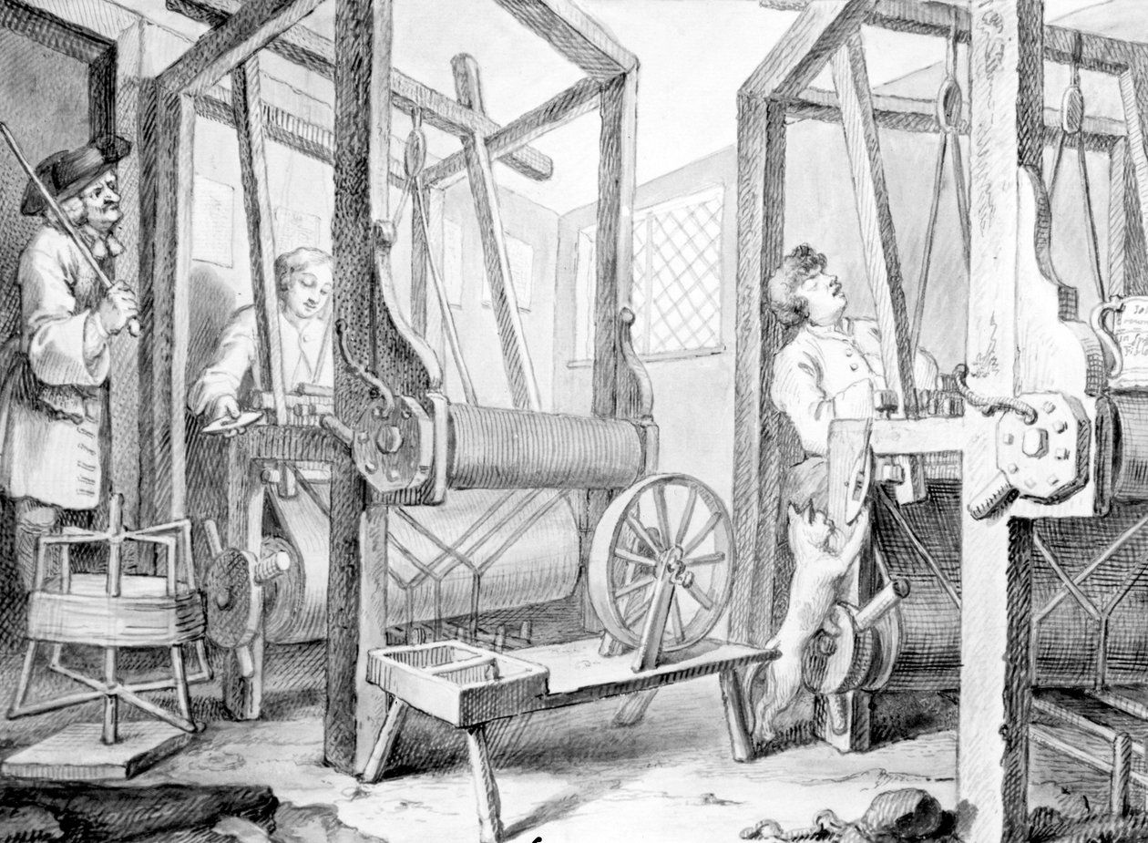 Die Lehrlinge an ihren Webstühlen, die Fleiß und Faulheit darstellen, 1747 von William Hogarth