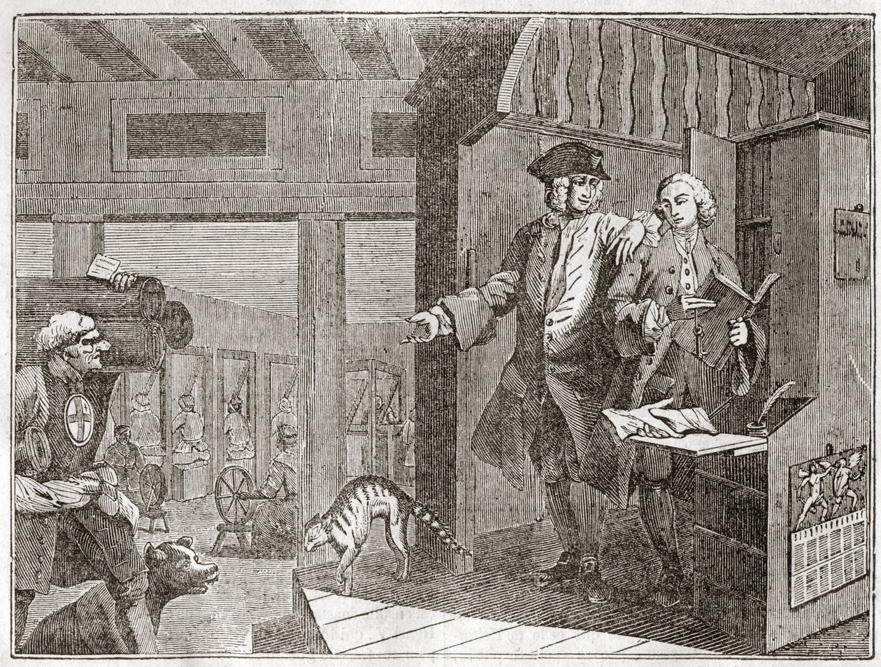 Der fleißige Lehrling, ein Favorit und von seinem Meister vertraut, aus der Serie „Fleiß und Faulheit“ - Platte aus einer Serie von 12 Gravuren von William Hogarth (1697-1764), britischer Illustrator, mit dem Titel „Fleiß und Faulheit“ von William Hogarth