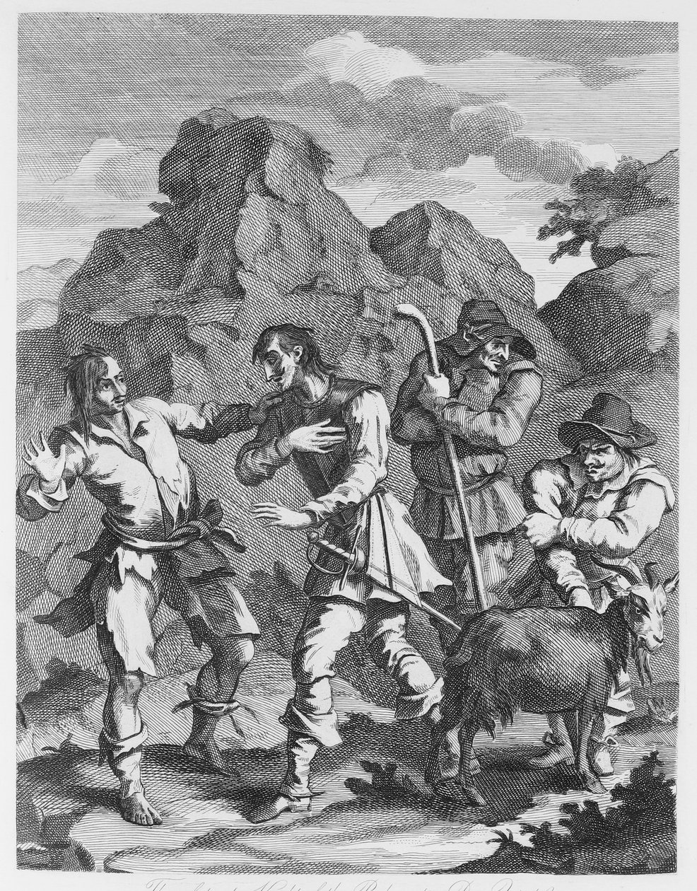 Der unglückliche Ritter des Felsens trifft Don Quixote von William Hogarth