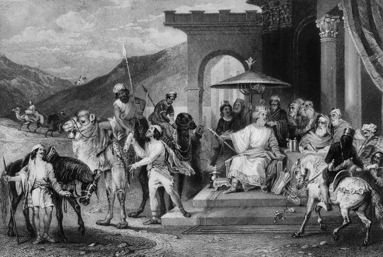 Er schrieb im Namen von König Ahasverus und sandte Briefe per Post auf Pferden von William Holl