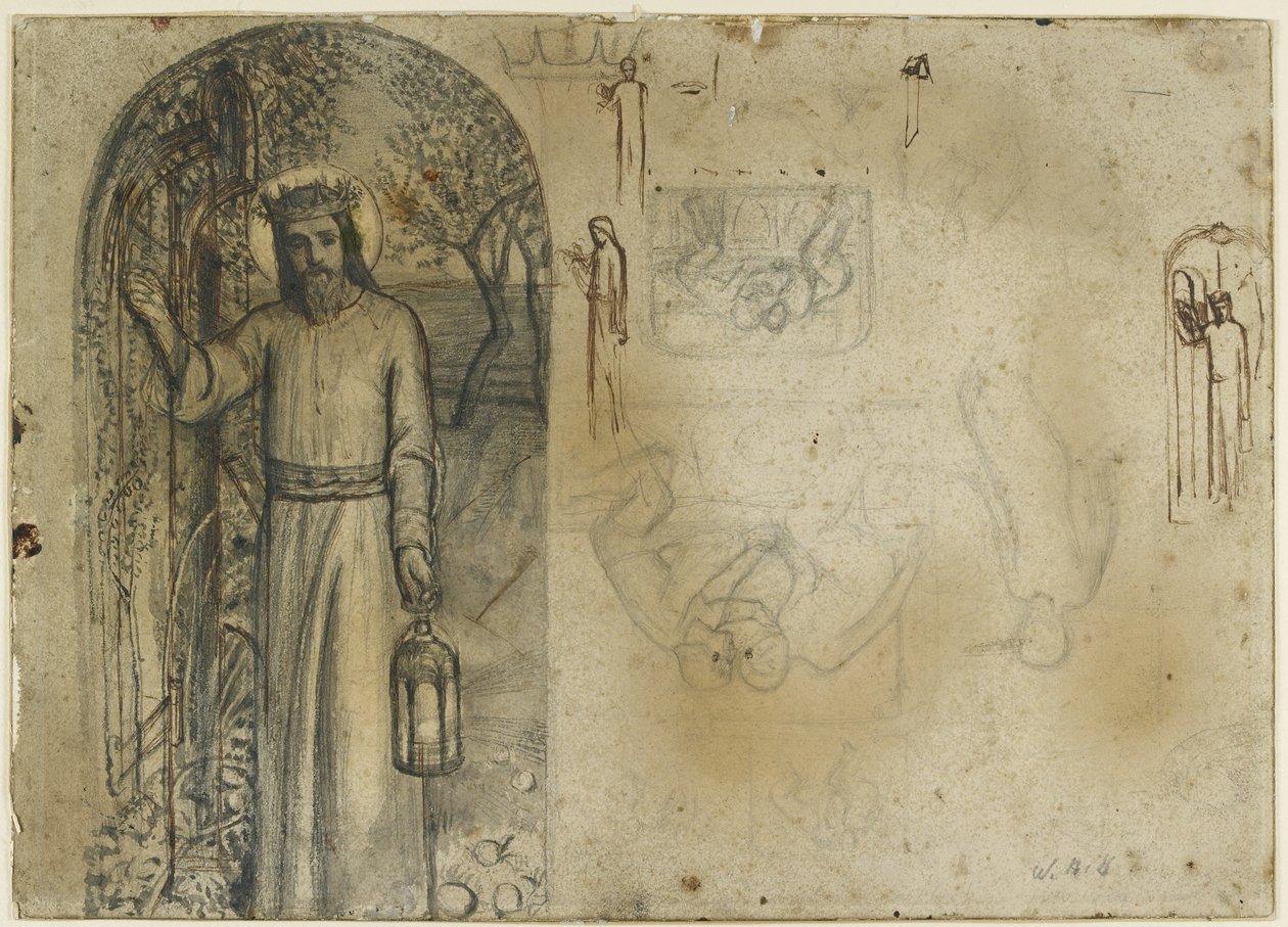 Studien für Das Licht der Welt (Graphit mit Feder und brauner Tinte auf cremefarbenem Papier) von William Holman Hunt