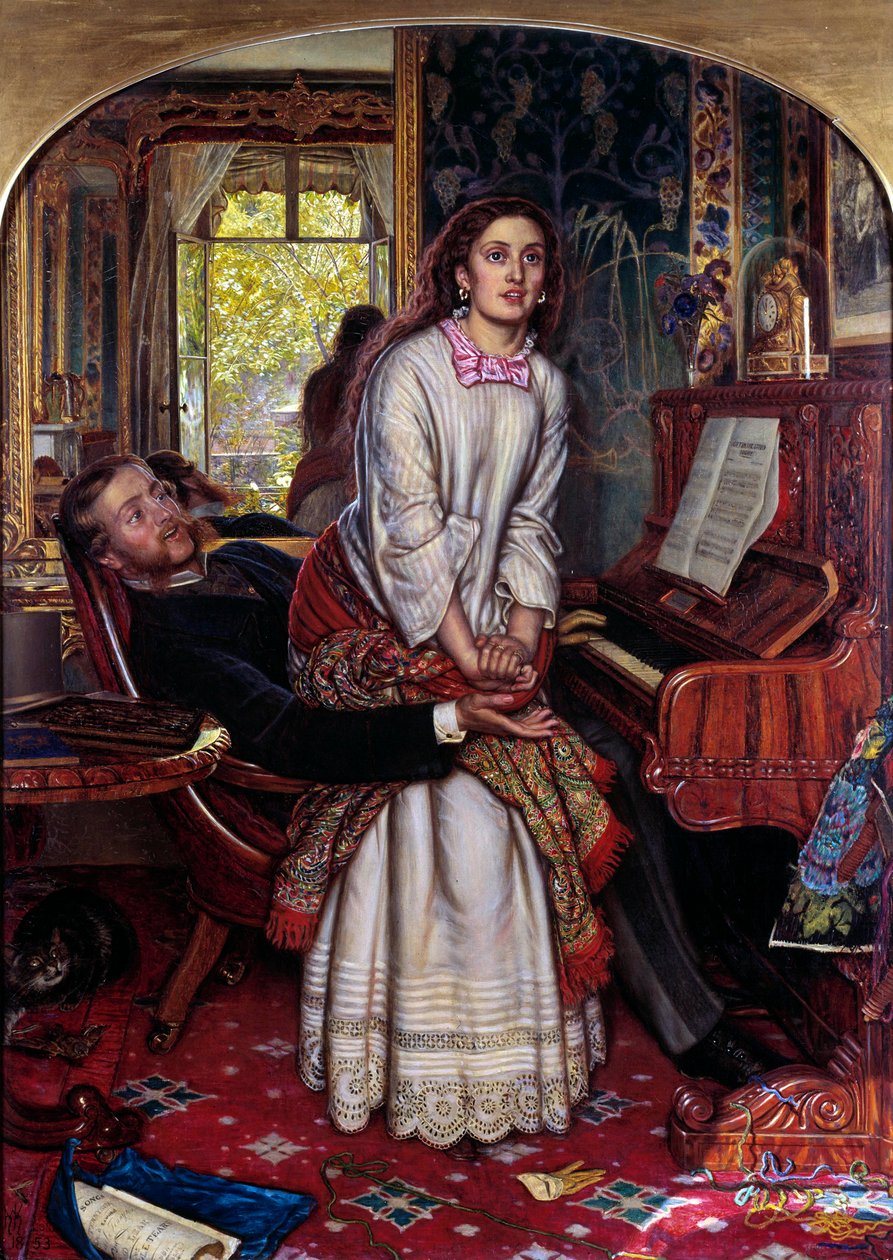 Das Erwachen des Bewusstseins. Eine junge Frau in Sünde springt plötzlich auf, geplagt von spiritueller Offenbarung, und versucht, den Armen ihres Liebhabers zu entkommen von William Holman Hunt