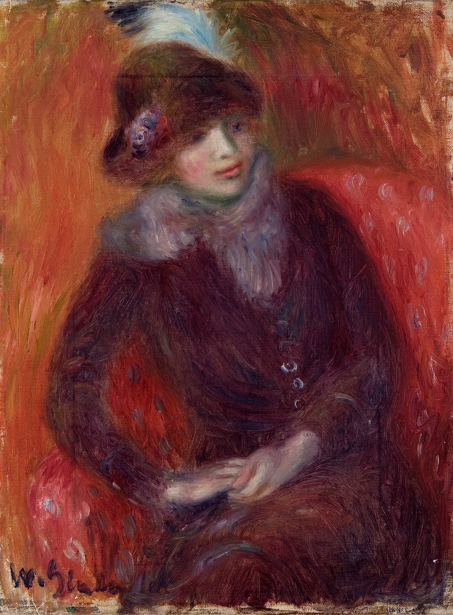Sitzende Frau mit Pelzkragen und rotem Hintergrund von William James Glackens