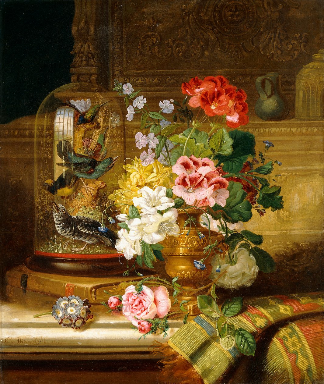 Eine Vase mit verschiedenen Blumen und Singvögeln auf einem Sims, 1867 von William John Wainwright