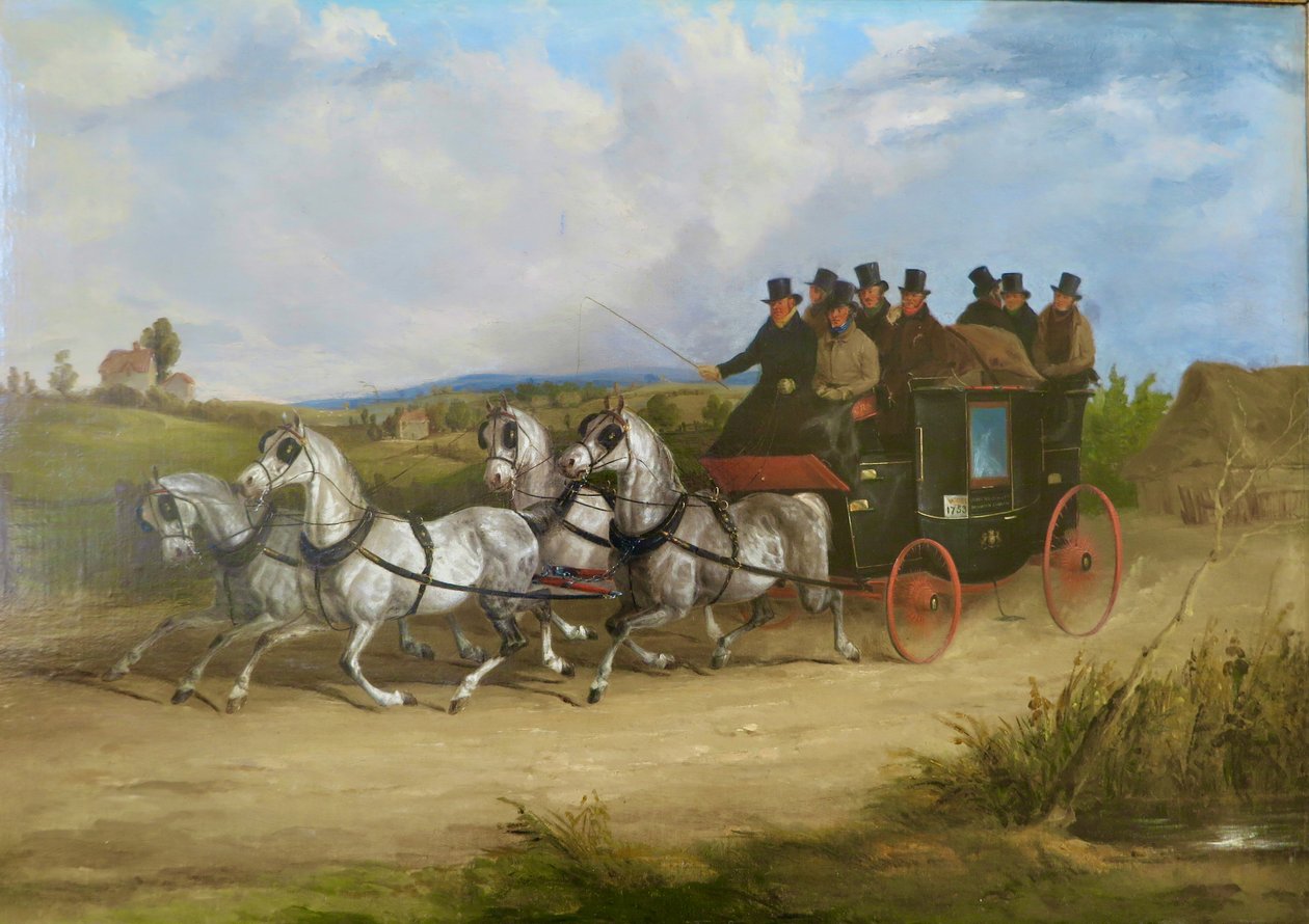 Die London nach Brighton Postkutsche gezogen von einem Team grauer Pferde von William Joseph Shayer
