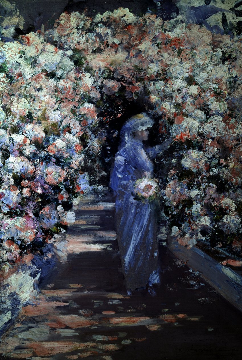Die Braut. Eine junge Braut pflückt Blumen unter einem Bogen im Garten. Gemälde von William Kennedy (1859-1918 Britisch) Privatsammlung von William Kennedy