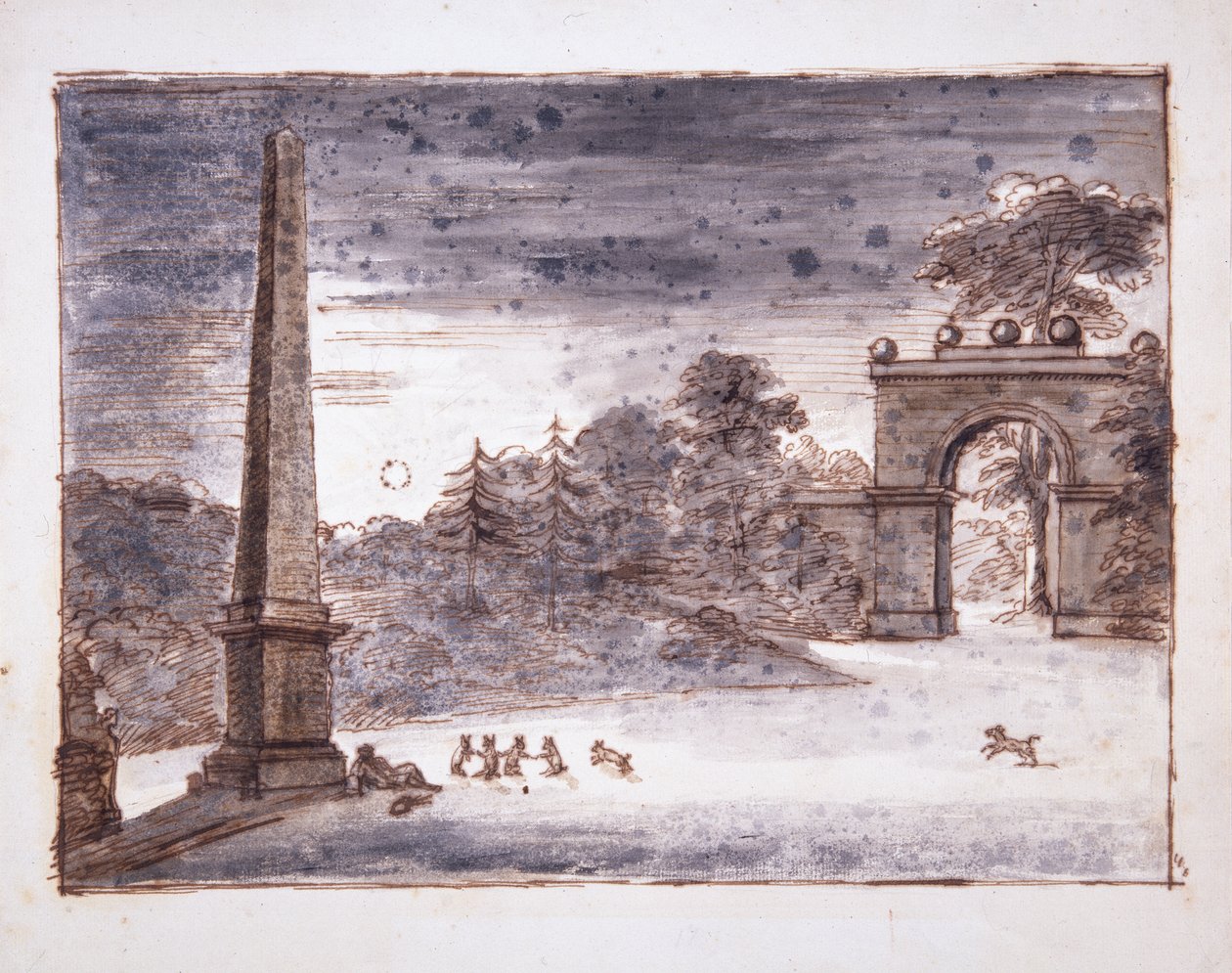 Chiswick, das Burlington Lane Tor und der Obelisk im Mondlicht mit Kent, der am Obelisk träumt, und spielenden Kaninchen, ca. 1732 (Feder und Tinte und Waschung auf Papier) von William Kent
