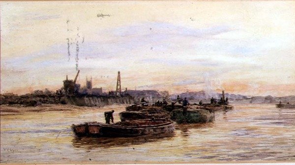 Lastkähne bei Sonnenuntergang von William Lionel Wyllie
