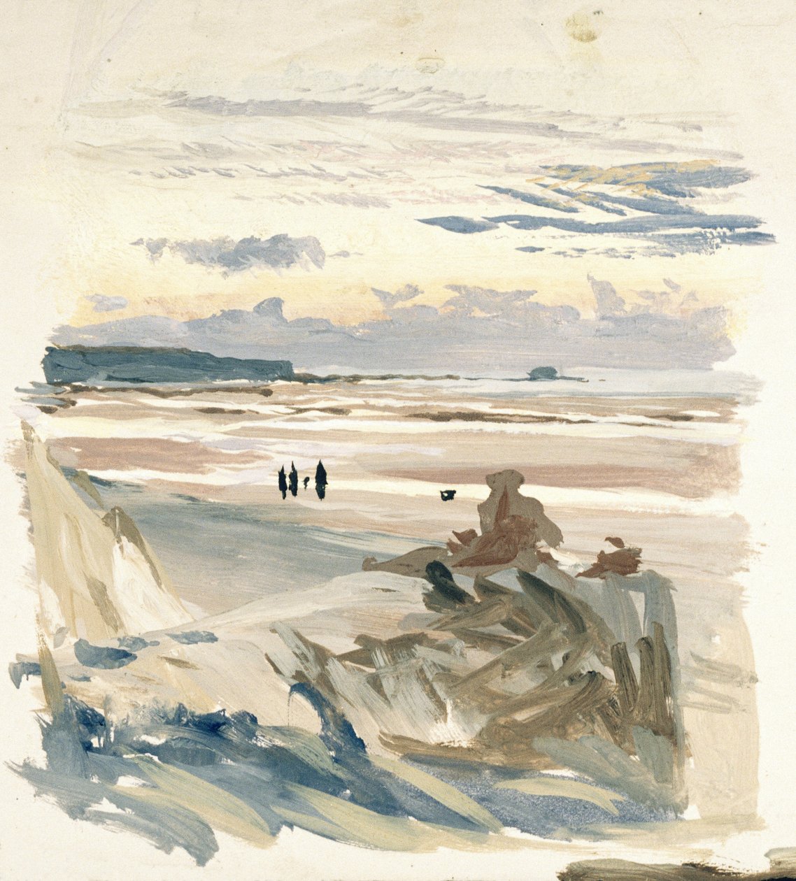 Figuren am Strand, wahrscheinlich in Amble (Frankreich), mit der Silhouette von Fort Vauban im Licht der Dämmerung. von William Lionel Wyllie