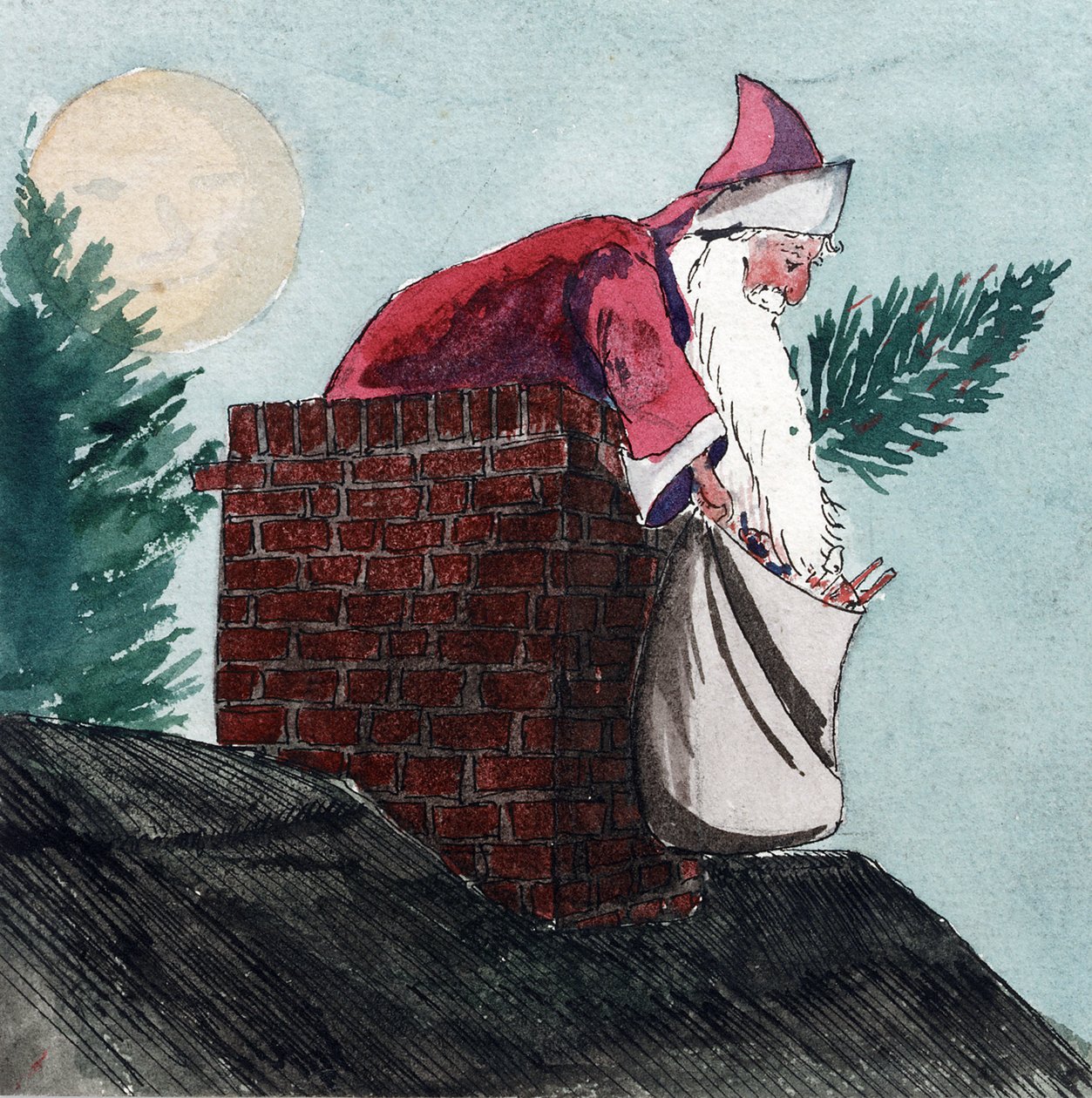 Weihnachtsmann, der durch einen Schornstein hinunterkommt, einen Sack voller Spielzeug und einen Weihnachtsbaum zieht. Aquarell, frühes 20. Jahrhundert, von William Lionel Wyllie (1851-1931). von William Lionel Wyllie