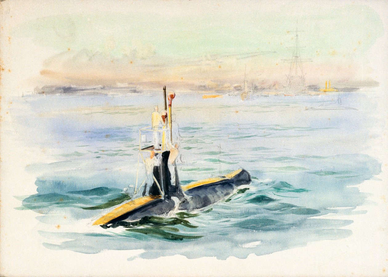 Studie eines A-Klasse-U-Bootes in Fahrt, möglicherweise im Hafen von Portsmouth, frühes 20. Jahrhundert von William Lionel Wyllie