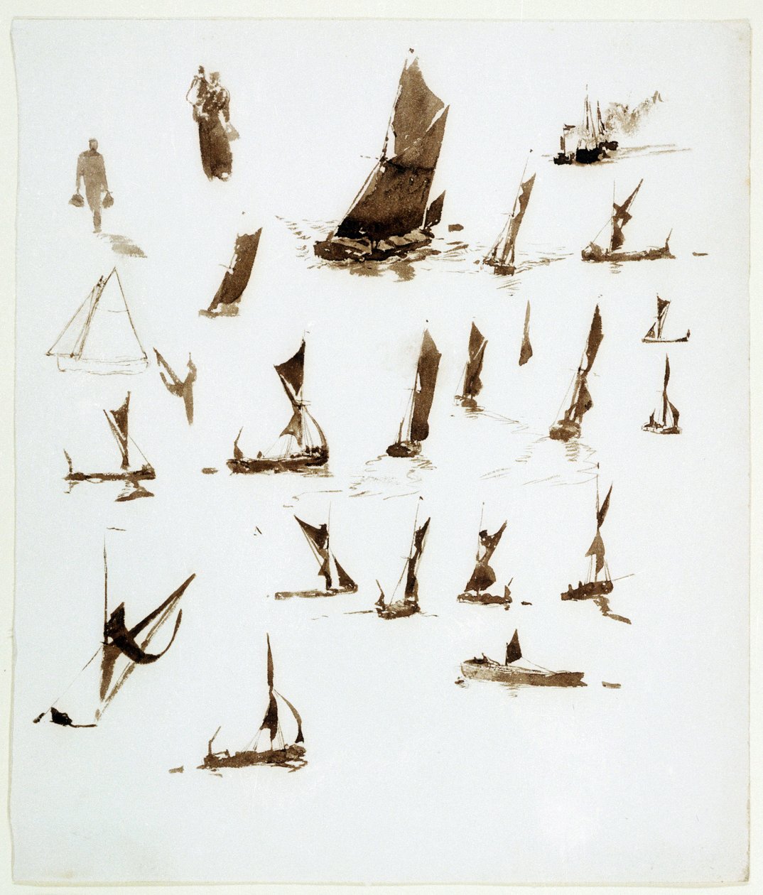 Studien von Hausbooten auf der Themse (England). Gouache aus einem Notizbuch, ca. 1890, von William Lionel Wyllie (1851-1931) von William Lionel Wyllie