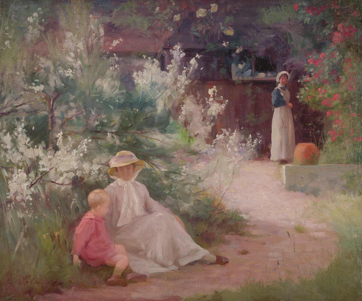 Dame mit ihrem jungen Sohn und Dienstmädchen im Garten von William Mainwaring Palin