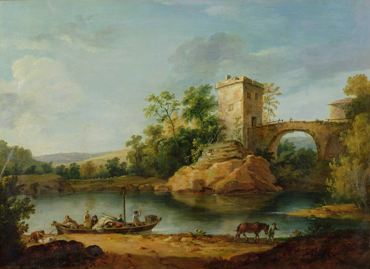 Italienische Flusslandschaft mit Bauern auf einem Kahn und einer Brücke im Hintergrund, ca. 1770 von William Marlow