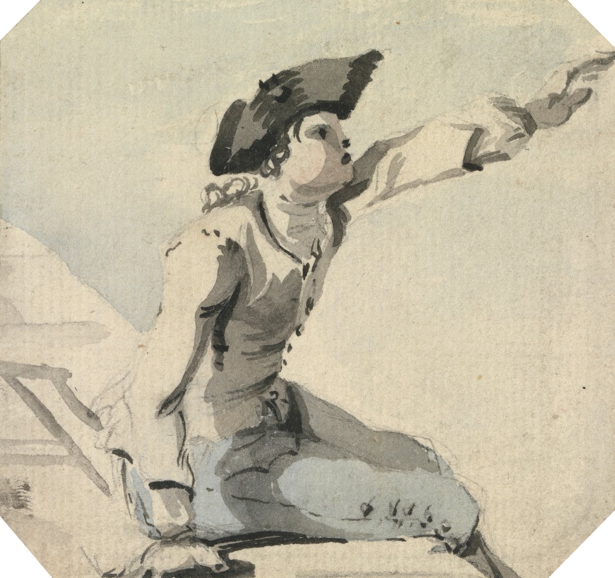 Mann sitzt auf einem Geländer und winkt mit dem linken Arm von William Marlow