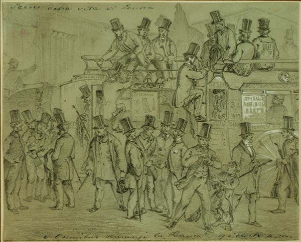 Omnibusse an der Bank, neun Uhr morgens, Angestellte kommen bei der Bank of England an von William McConnell