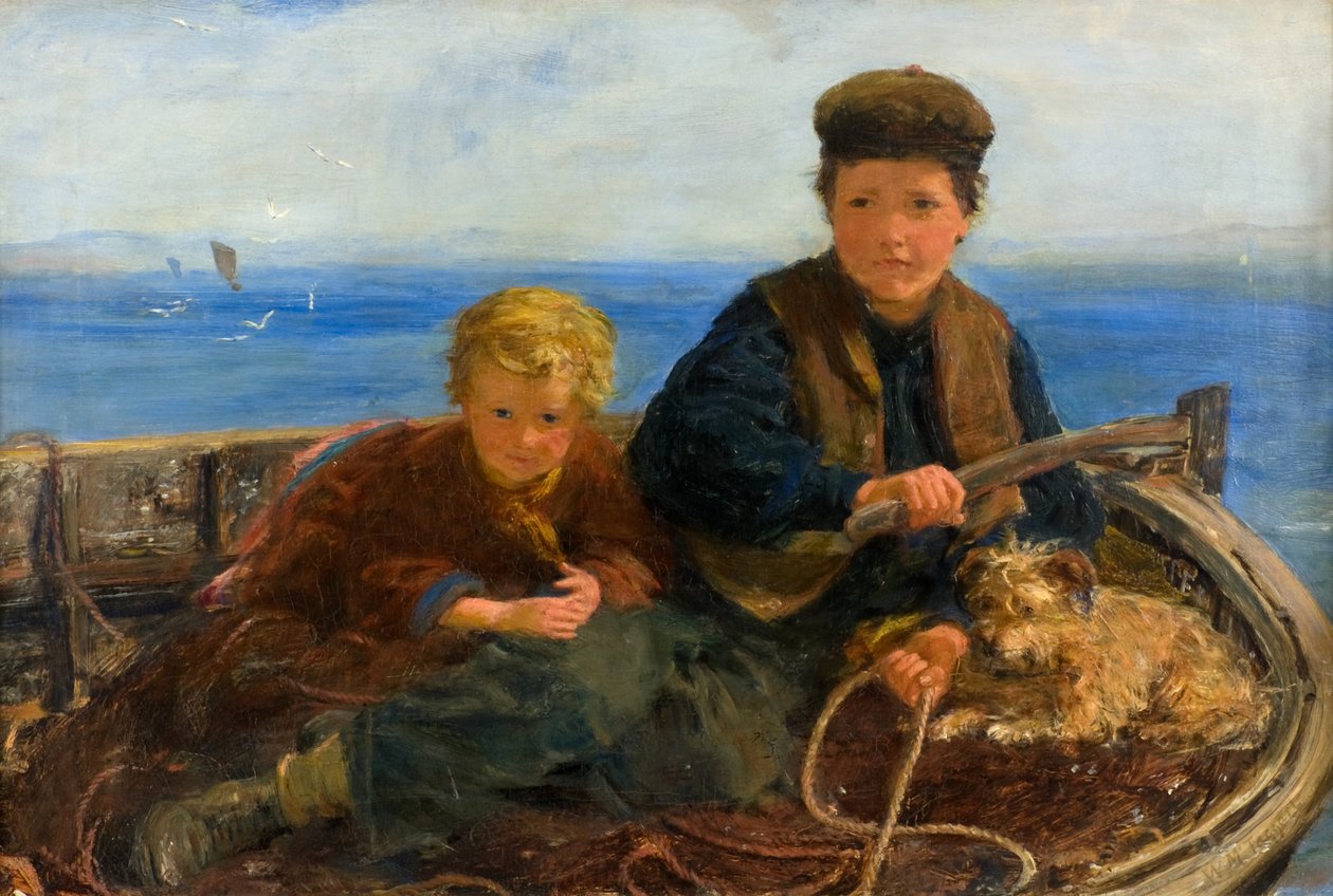 Zwei Jungen und ein Hund in einem Boot, ca. 1871 von William McTaggart