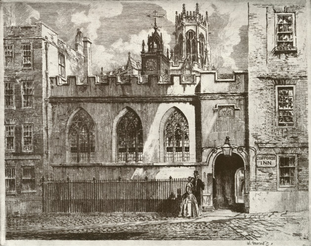 Cliffords Inn Hall und Uhrturm, mit dem Laternen-Turm von St. Clement Danes dahinter, 1934 von William Monk