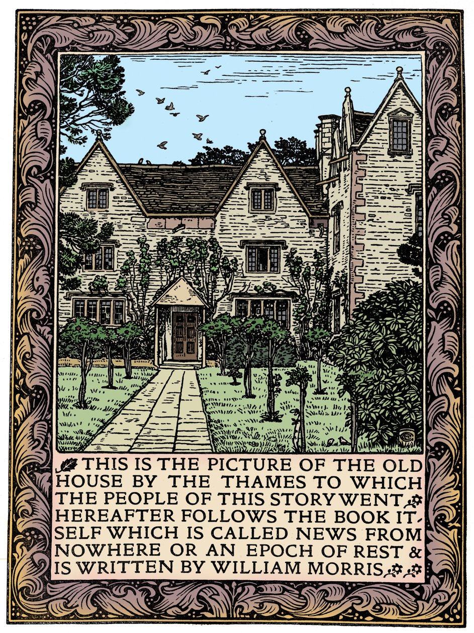 Kelmscott Manor, Gloucestershire, Frontispiz zu News from Nowhere, ca. 1892, 1901 von William Morris