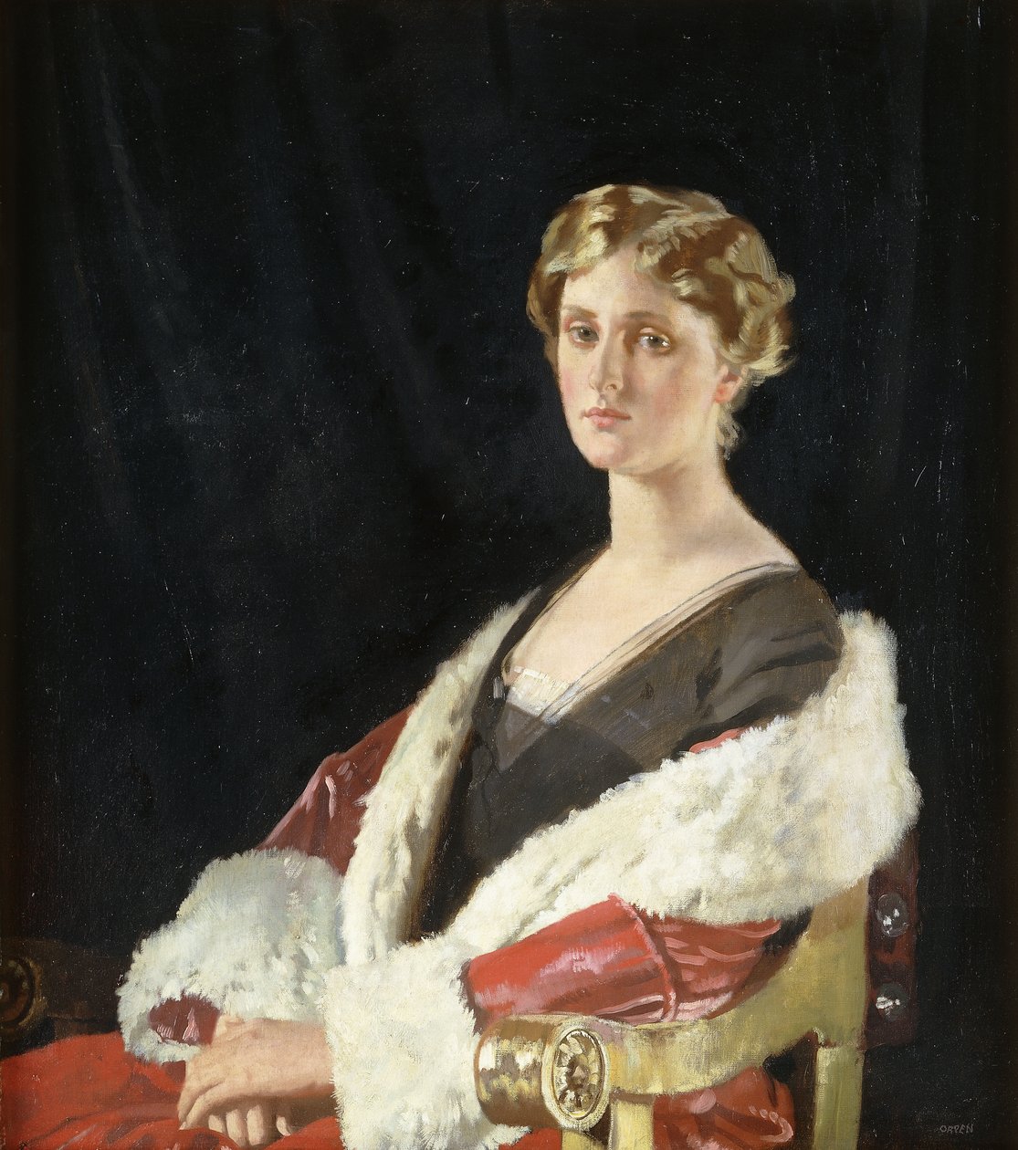 Porträt von Nancy Oswald Smith, sitzend, halblang, in einem roten pelzgefütterten Mantel von William Orpen