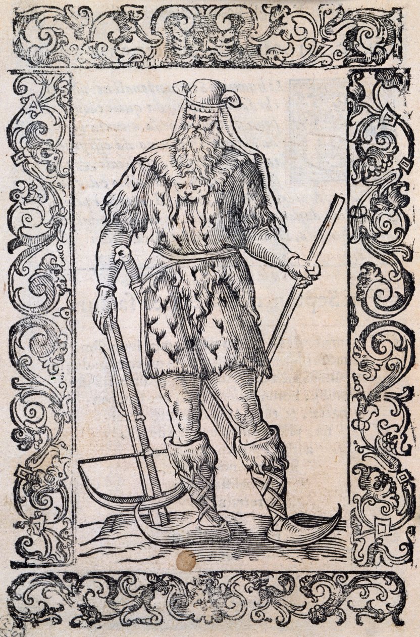 Mann mit Pelzkleidung, Armbrust und Schuhen mit gedrehten Spitzen (Beispiel für rudimentäre Skier), Illustration zugeschrieben Cesare Vecellio, veröffentlicht in Italien im 16. Jahrhundert von Nicolas Toussaint Charlet