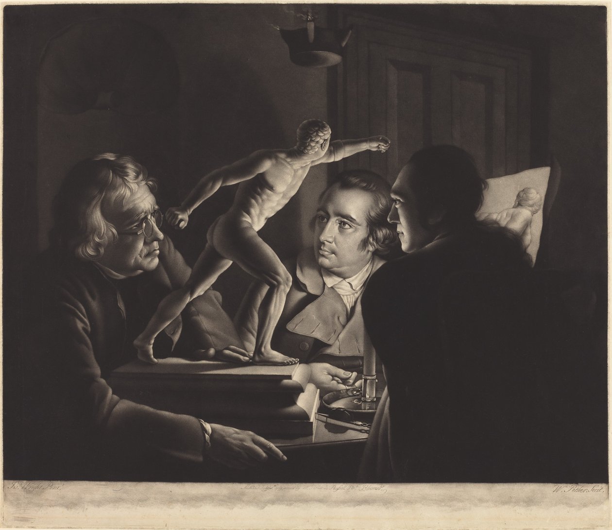 Drei Personen betrachten den Gladiator bei Kerzenlicht von William Pether after Joseph Wright
