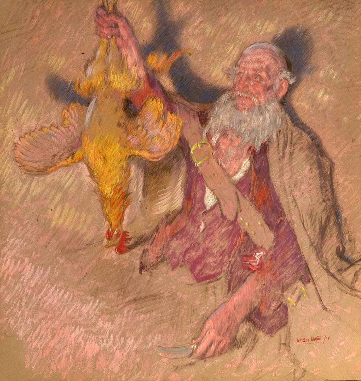 Studie eines Mannes, der einen Hahn für Highland Raiders hält von William Shackleton