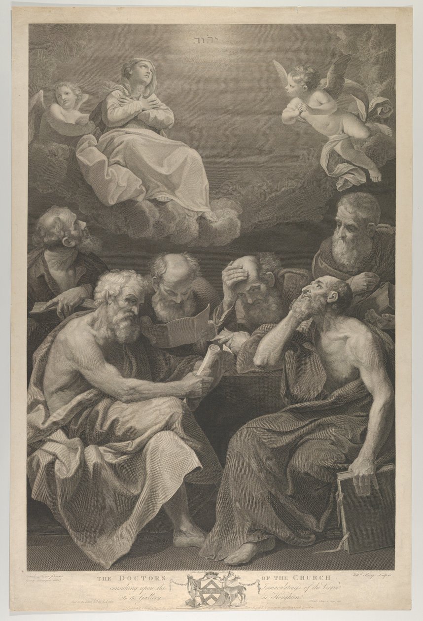 Die Kirchenväter konsultieren Bücher und Dokumente und betrachten die Jungfrau, 1785 von William Sharp