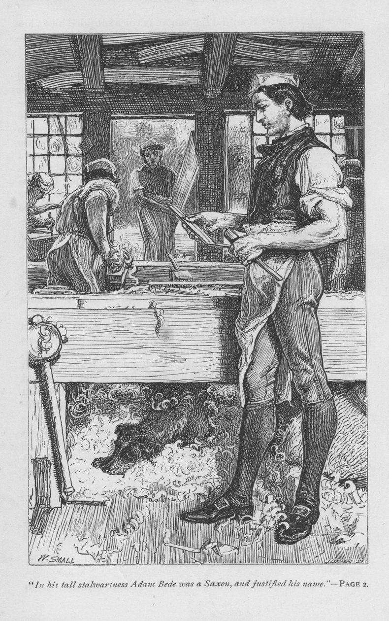 Adam Bede, der Dorfschreiner, in der Werkstatt, sein Hund Gyp auf einem Haufen Späne unter der Bank. Adam Bede von George Eliot, erstmals veröffentlicht 1859. Illustration von William Small (1843-1929) aus einer Ausgabe um 1885. von William Small