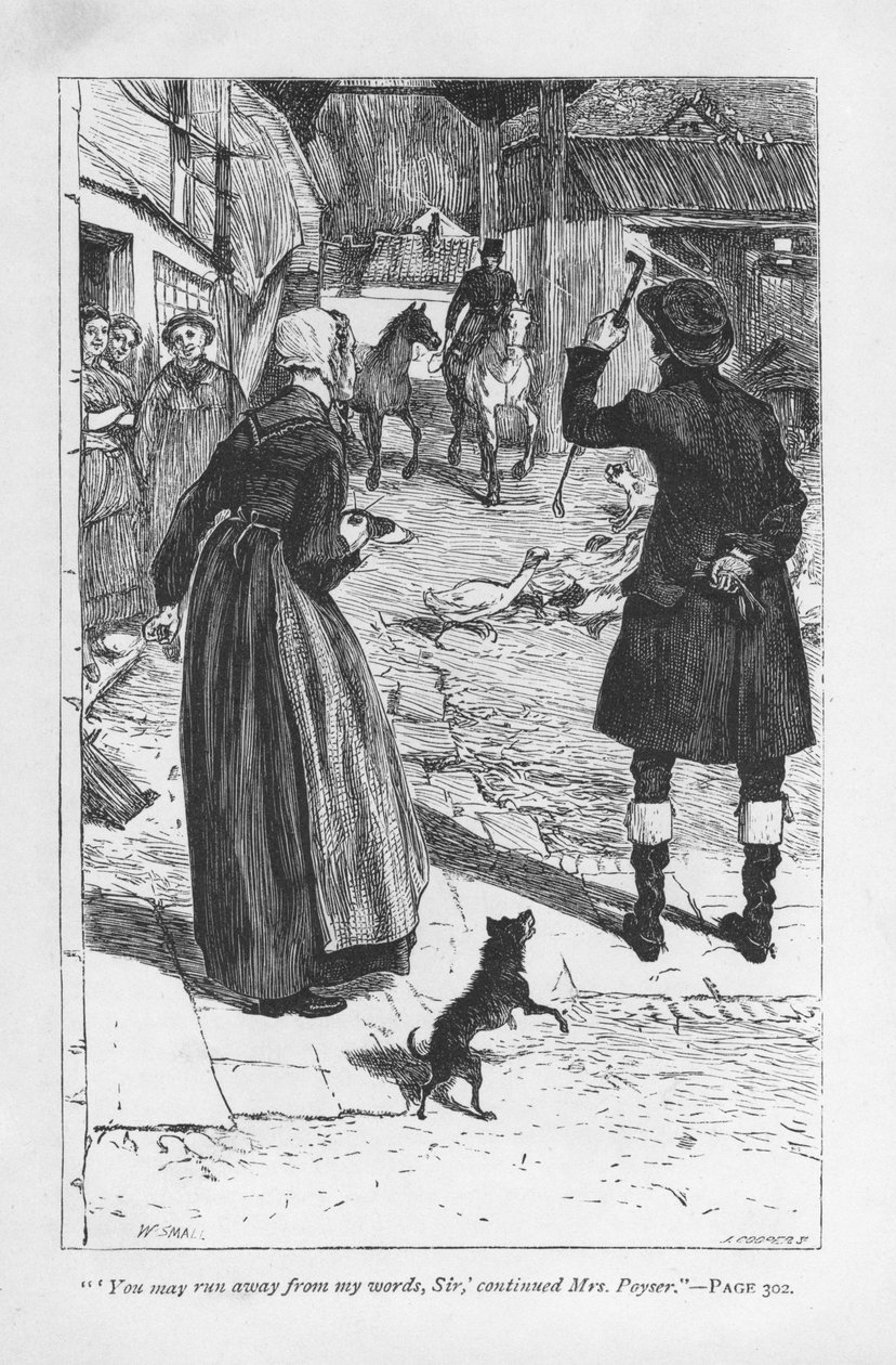 Mrs. Poyser, die Frau von Hetty Sorrels Bauernonkel Martin Poyser, mit Squire Donnithorne, dessen Sohn Arthur Hetty verführt hat von William Small