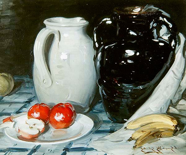 Stillleben mit Äpfeln und Bananen, und einem großen Krug und einer Vase von William Somerville Shanks