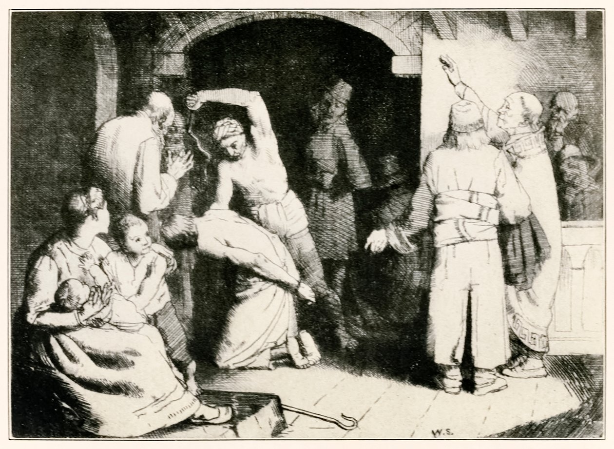 Die Geißelung des Treuen aus Der Pilgerreise von John Bunyan, Illustration von William Strang von William Strang