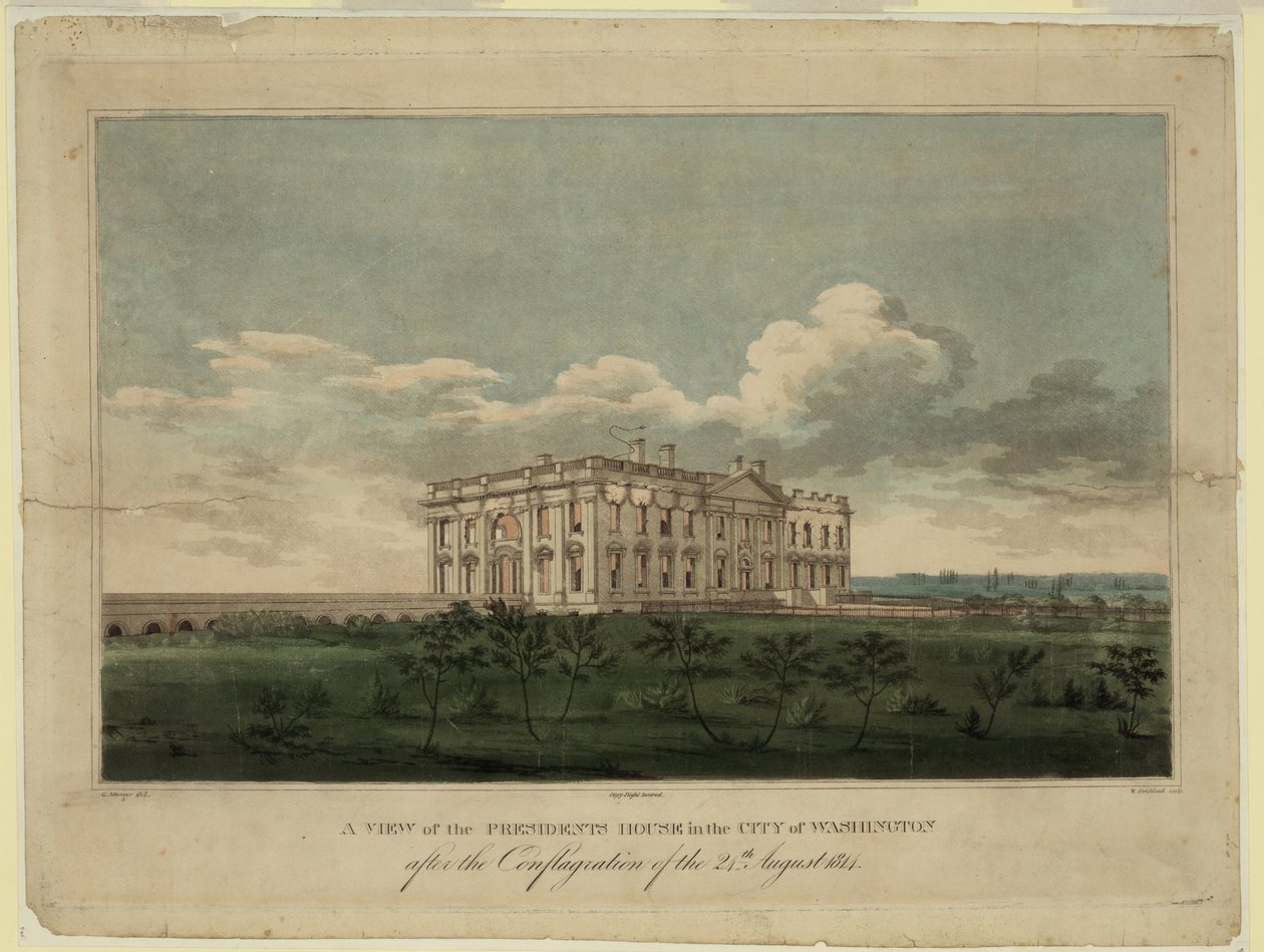 Ansicht des Weißen Hauses in der Stadt Washington nach dem Brand vom 24. August 1814 von William Strickland