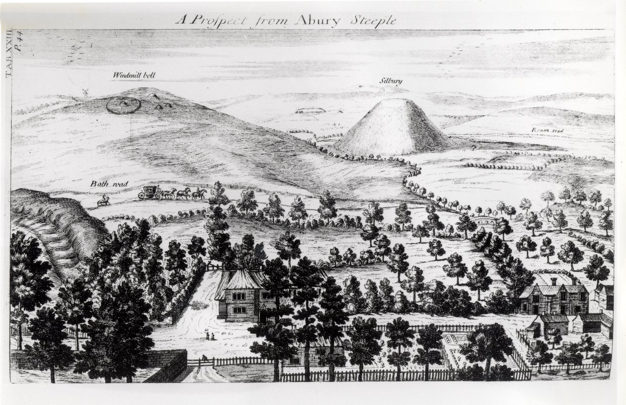 Blick vom Kirchturm von Avebury auf den Silbury Hill, Illustration aus 