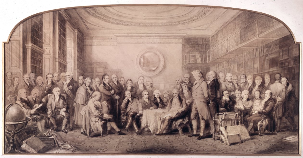 Die bedeutenden Wissenschaftler von 1807-1808. Treffen in der Bibliothek des Royal Institute of Sciences, England. Gravur von William Walker und Sir John Gilbert (1817-1897) von William Walker
