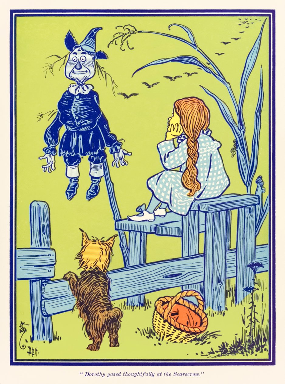 „Dorothy betrachtete nachdenklich die Vogelscheuche.“ aus „Der Zauberer von Oz“ von L. Frank Baum von William Wallace Denslow