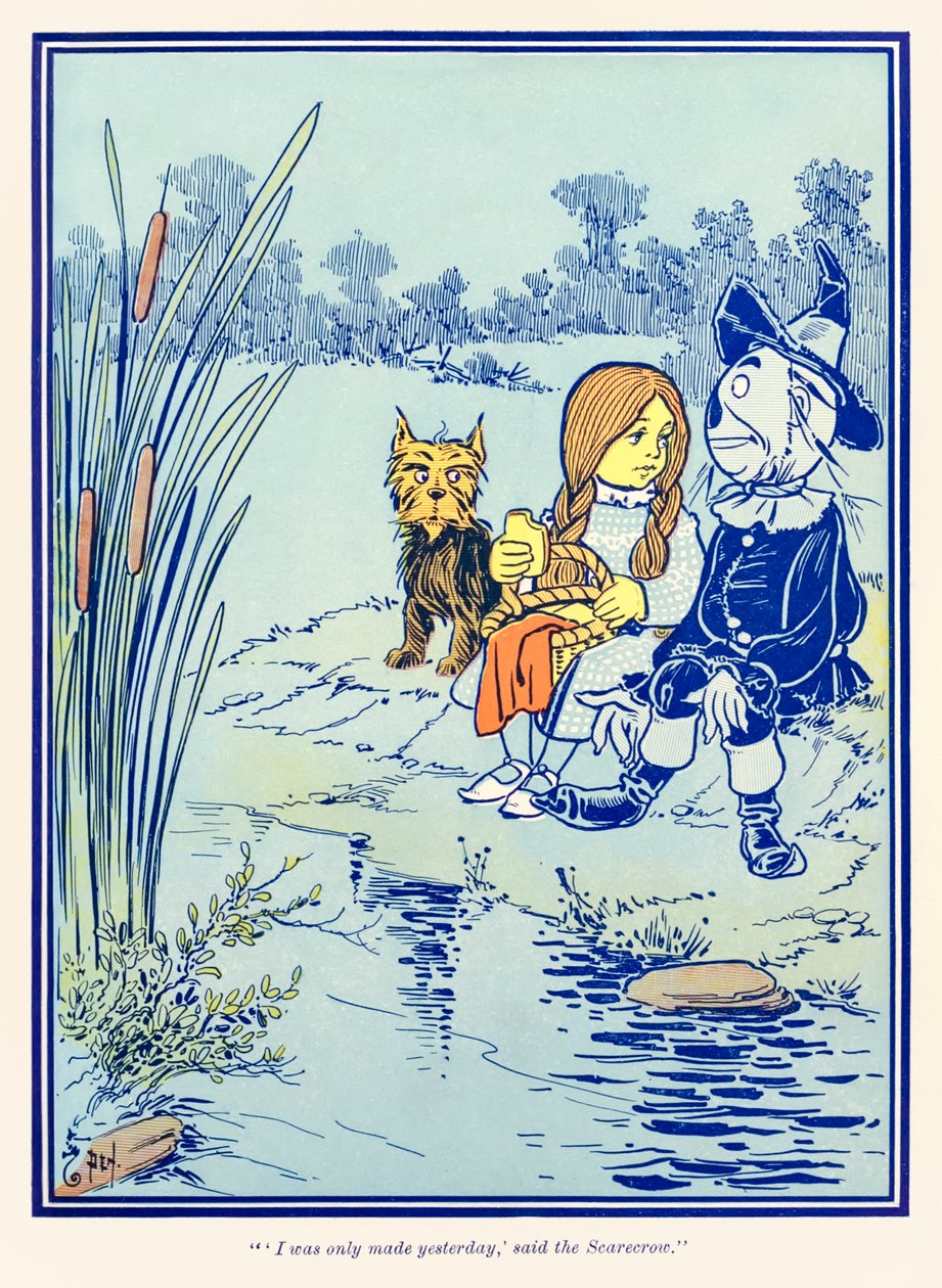 „Ich wurde erst gestern gemacht“, sagte die Vogelscheuche.“ aus „Der Zauberer von Oz“ von L. Frank Baum von William Wallace Denslow