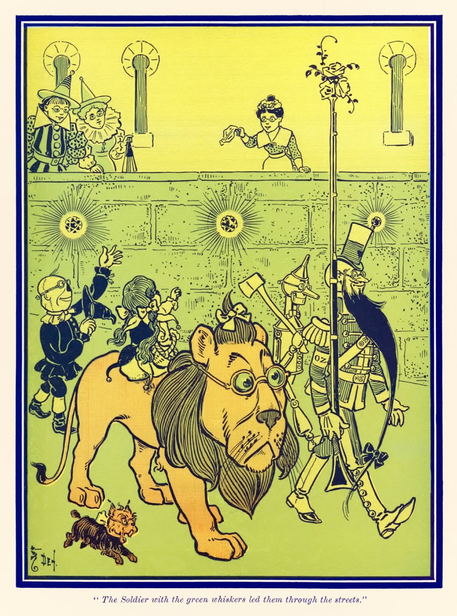 „Der Soldat mit den grünen Schnurrbärten führte sie durch die Straßen.“ aus „Der Zauberer von Oz“ von L. Frank Baum von William Wallace Denslow