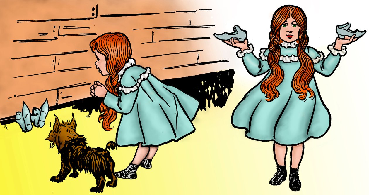 Der Zauberer von Oz - Bearbeitung von zwei Bildern von Denslow, William Wallace für die erste Ausgabe 1900 von Frank Baums Buch - Dorothee, begleitet von ihrem Hund Toto, erholt sich die magischen Silberschuhe von William Wallace Denslow