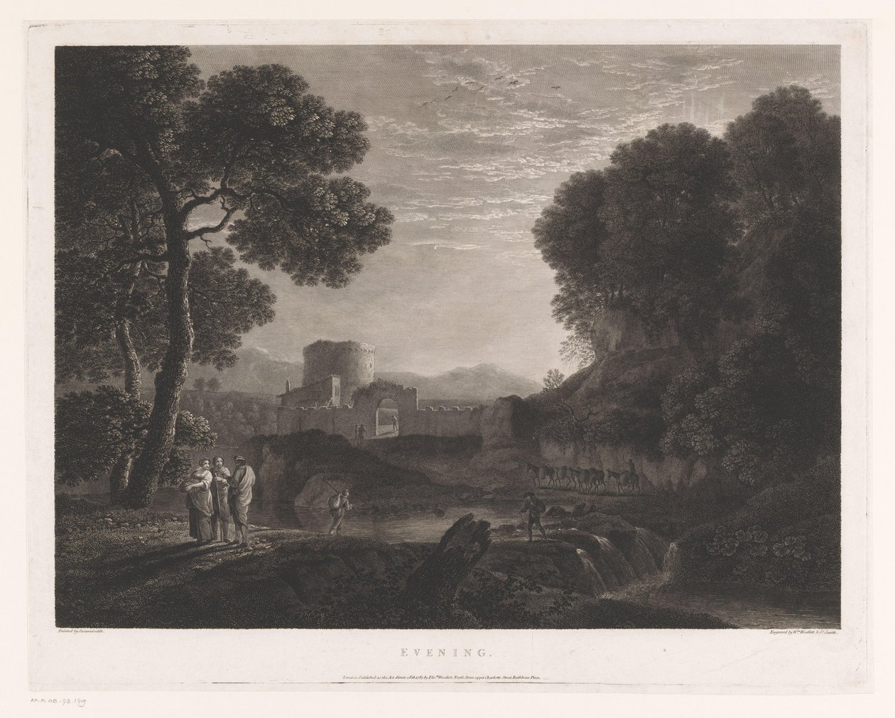 Landschaft mit Tor und Turm am Ufer eines Flusses von William Woollett