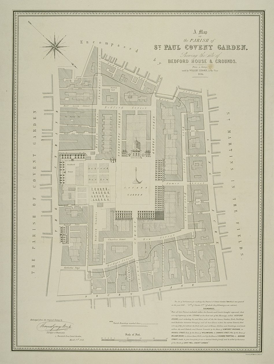 Karte der Pfarrei St. Paul, Covent Garden, zeigt den Standort von Bedford House und Gelände, veröffentlicht von W.P. Metchim, 1686 von Willian Leybourn