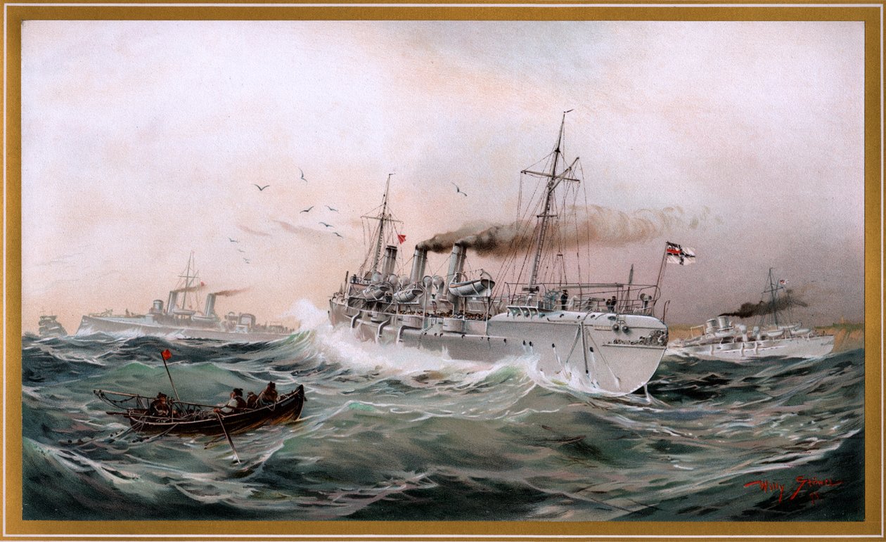 Kaiserliche Marine Greif, Meteor und Jagd spähen bei Brüsterort, Chromo-Lithographie von Willy Stöwer 1894, Nr. 9 aus G. Wislicenus, Unsere Kriegsflotte von Willy Stöwer