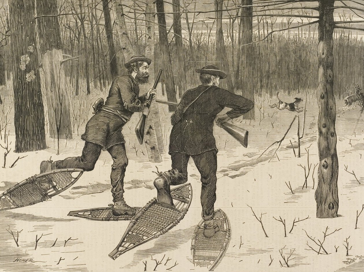 Hirschjagd in den Adirondacks im Winter, aus Every Saturday, 21. Januar 1871, S. 57 von Winslow Homer