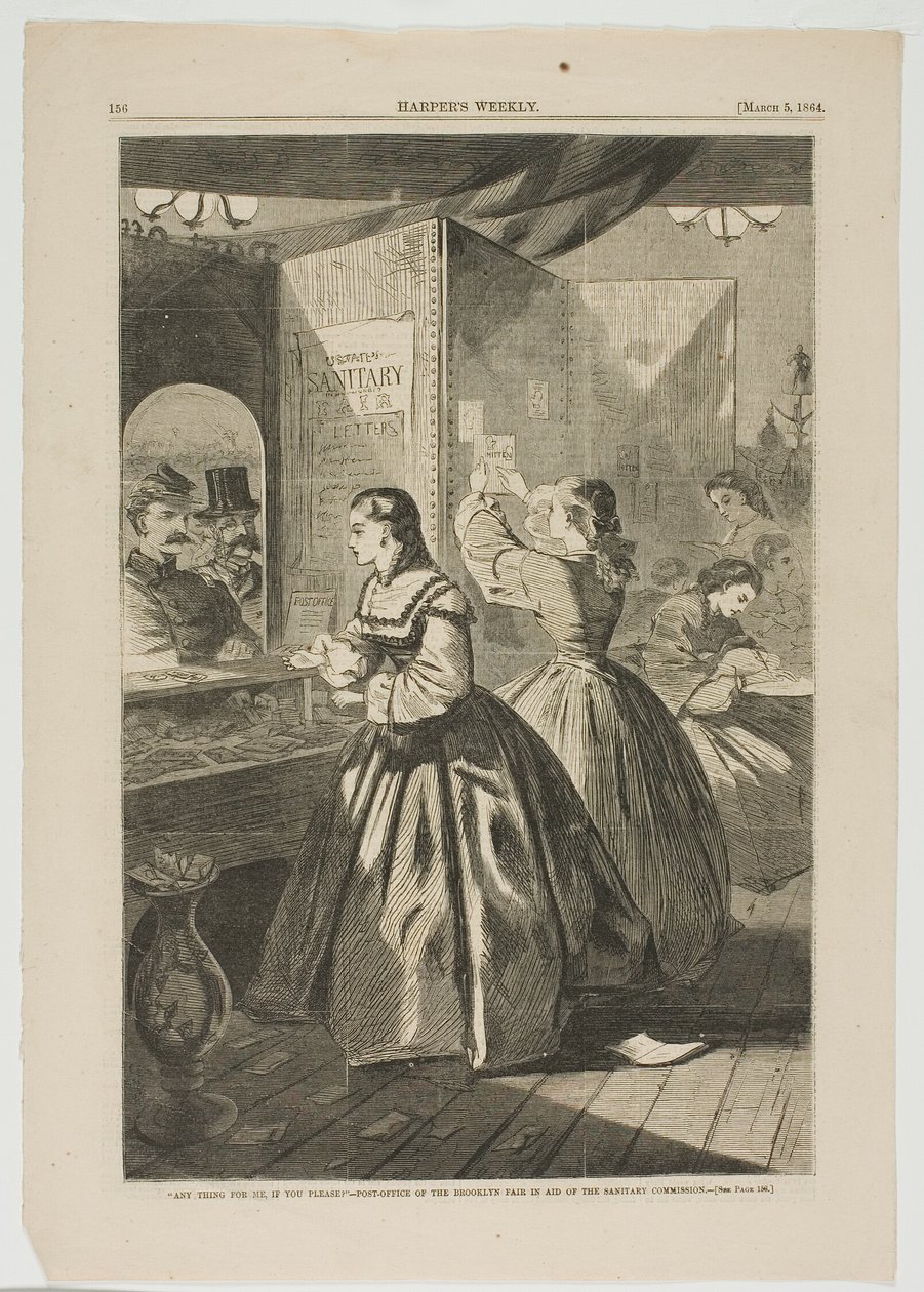 "Etwas für mich, bitte?"—Postamt der Brooklyn-Messe zugunsten der Sanitätskommission von Winslow Homer